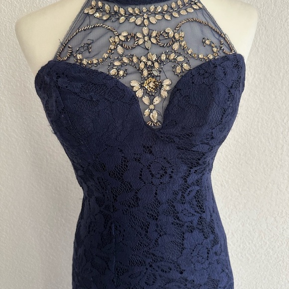 B Darlin Navy Lace Maxi Prom Dress NWOT - Picture 2 of 8